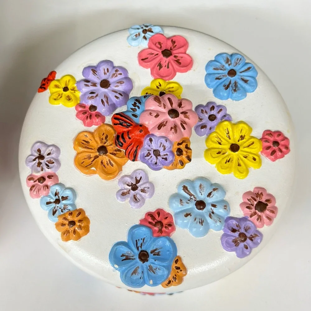 Vintage 1978 Arnel's Ceramic Floral Tissue Box Cover & Trinket Jar Set 70s Decor